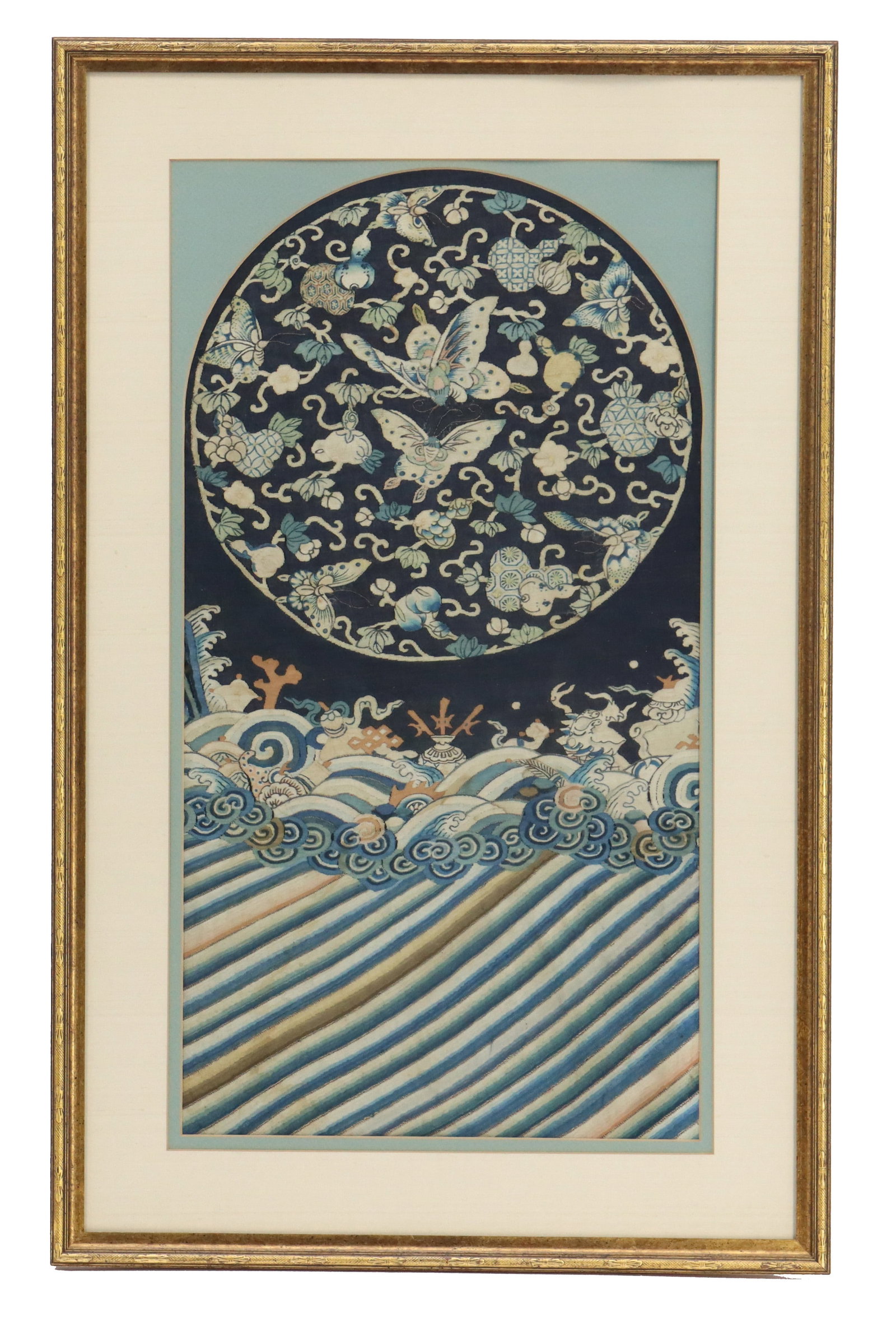 Framed Chinese Qing Butterfly and Gourd Changpao Embroidered Silk Fragment: Framed Chinese Qing Butterfly and Gourd Changpao Embroidered Silk Fragment. This particular style was reserved for women of the highest rank in Qing society, with the circular design at top one of eig