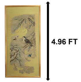 Framed Chinese Silk Scroll Embroidery of Birds and Trees