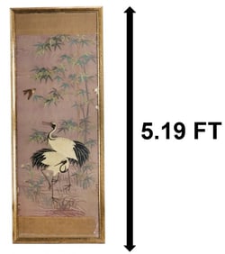 Framed Chinese Silk Scroll Embroidery of Birds and Bamboo