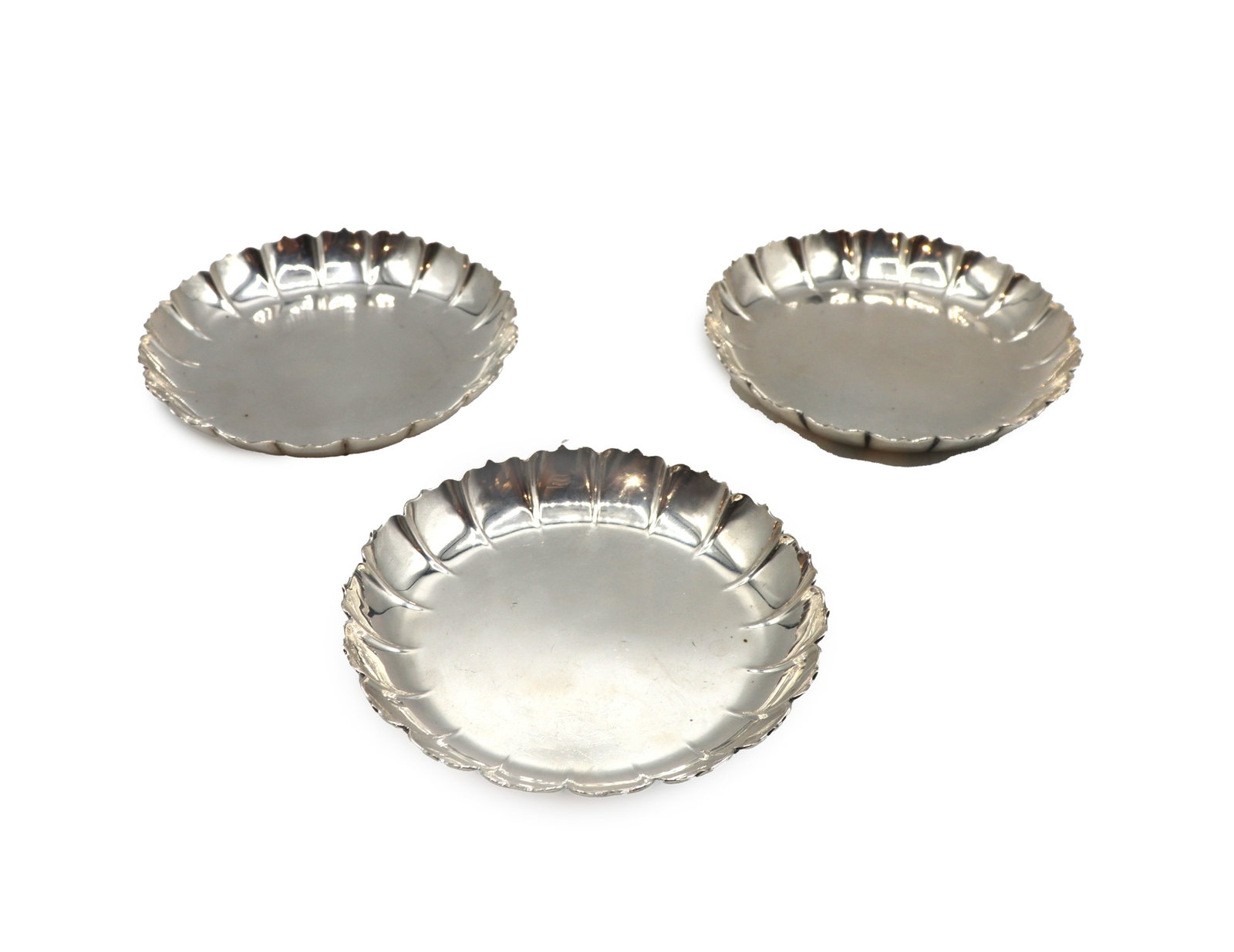 (3) Antique Tiffany & Co. Sterling Silver Wine Trays - 11.535 ozt.: (3) Antique Tiffany & Co. Sterling Silver Wine Trays - 11.535 ozt. Bottle cap-like edge, marked on undersides indicating they were made around 1926. Also inscribed "Reproduction Original Made