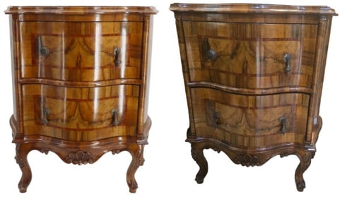 (2) Vintage Inlaid Wood Venetian Bombe Chests of Drawers with Brass Handles