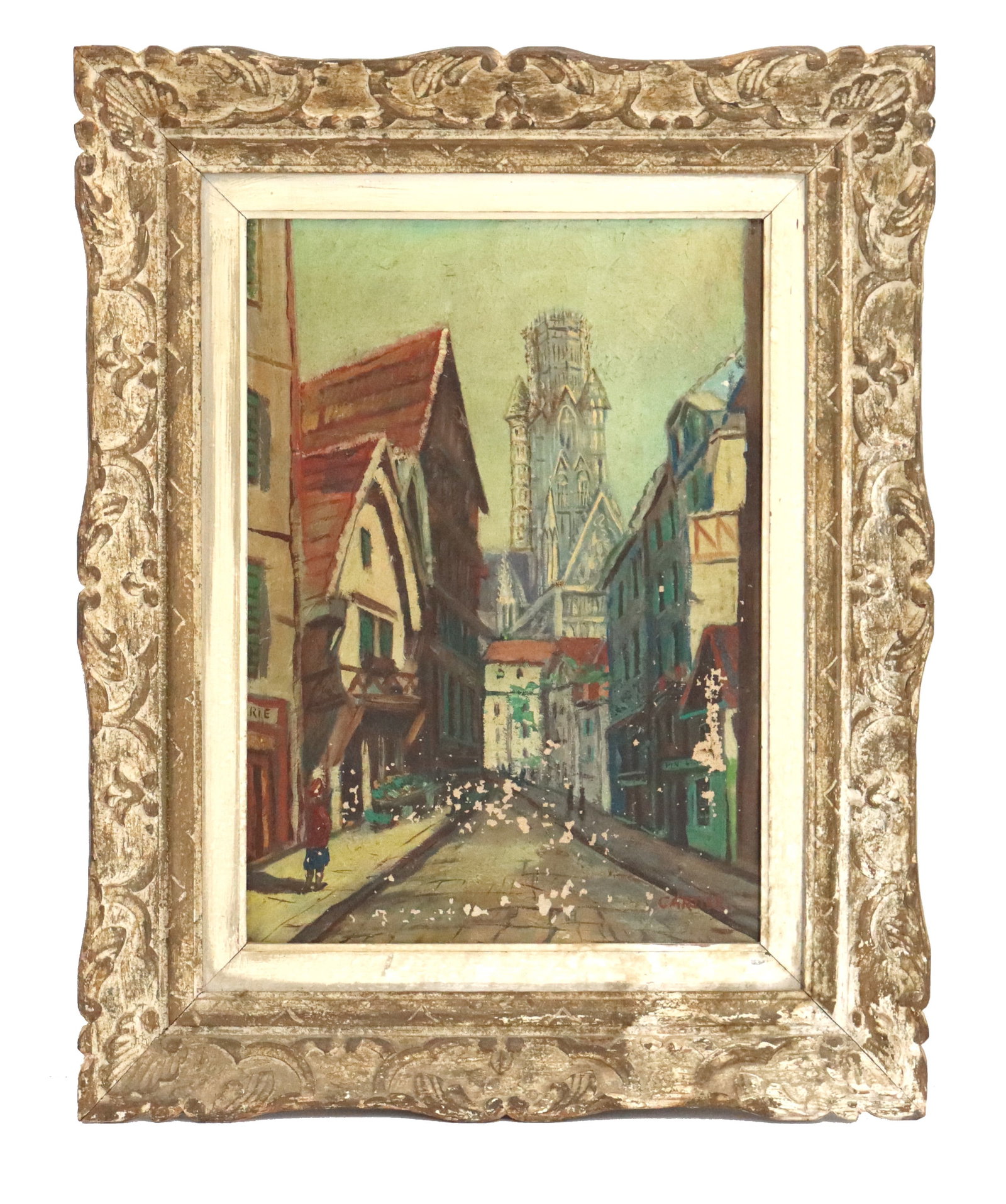 Karl Cartier (1855-1925) French, Oil on Canvas: Karl Cartier (1855-1925) French, Oil on Canvas. Oil on canvas landscape of a traditional European street scene. Signed lower right. Condition: Loss to paint, predominantly on lower half of painting. O