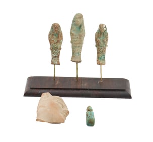 (5)  Egyptian Turquoise Faience Glazed Ushabti and (1) Hellenistic Terra Cotta Face