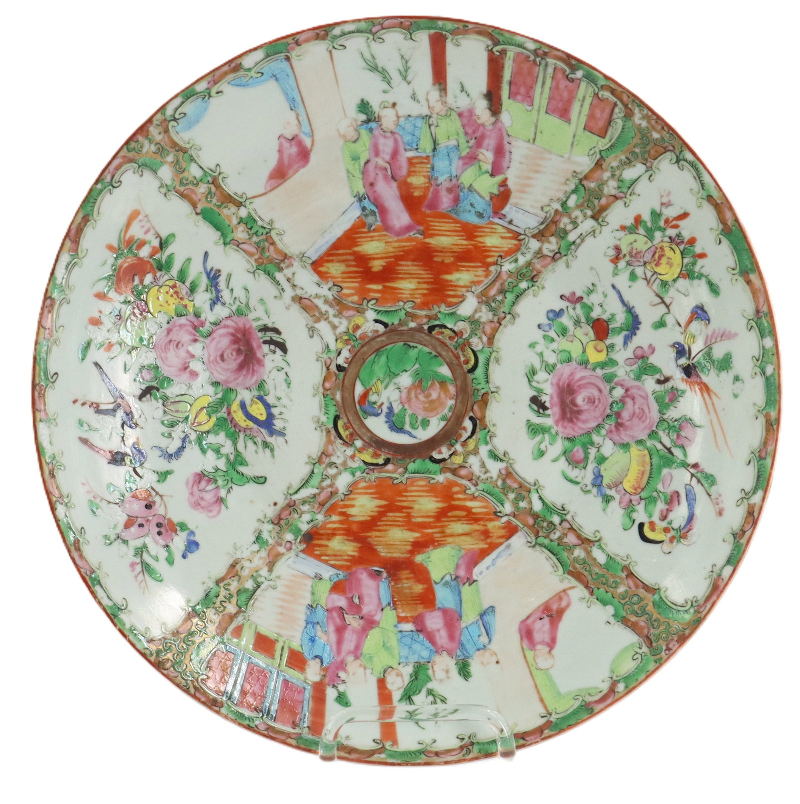 Chinese Rose Medallion Polychrome Porcelain Charger: Chinese Rose Medallion Polychrome Porcelain Charger. The image in the bowl is divided into four equal sections, with the images somewhat mirroring each other from right to left and top to bottom.