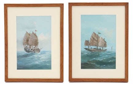 (2) Gouache on Paper Paintings of Chinese Junks