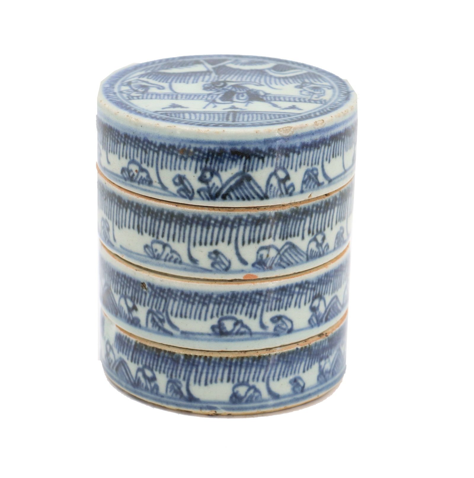 Chinese Blue and White Porcelain Stacking Dishes: Chinese Blue and White Porcelain Stacking Dishes. Blue and white four-layer round stacking bowls, hand painted cobalt decoration on white porcelain. Size: 4 1/2 x 4 in. Chinese stacking bowls are a pr
