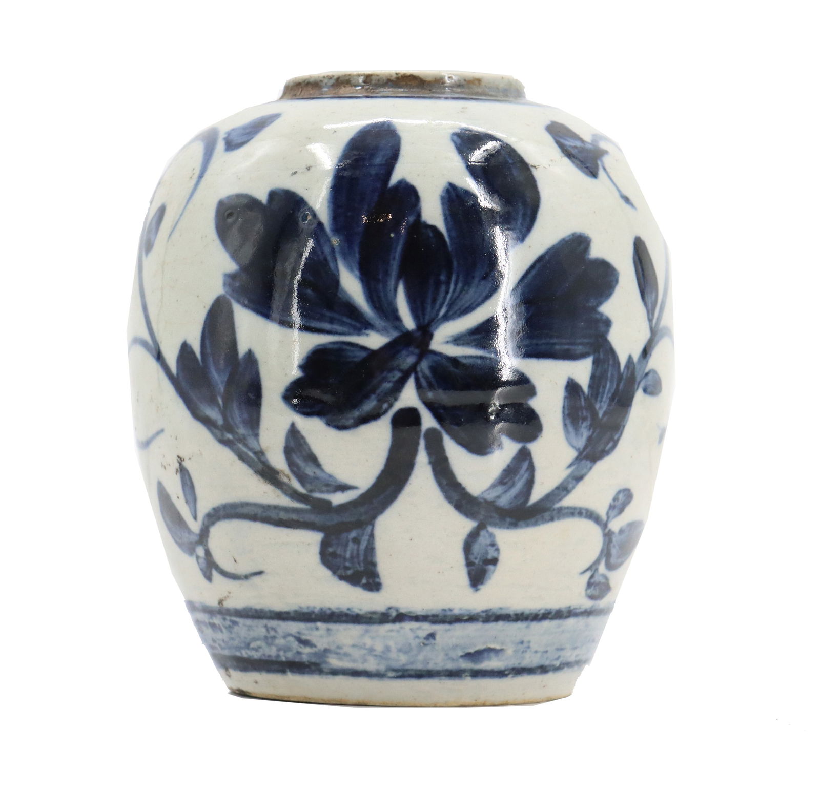 Chinese Floral Blue and White Vase: Chinese Floral Blue and White Vase. Chinese face with cobalt blue floral design on white ground. Unmarked. Condition: Wear, fleabites to ceramic, some cracks and scuffing, please see images. Size: 5 1