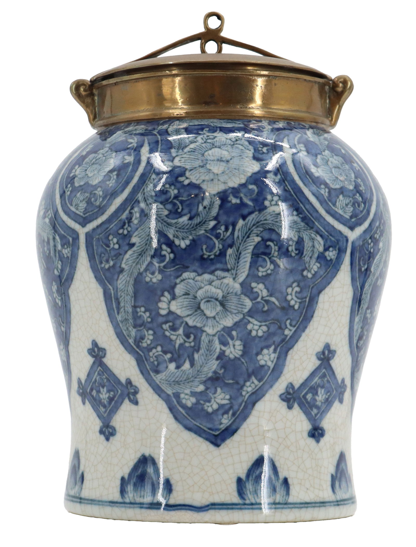 Smaller Blue and White Porcelain and Bronze Lidded Ginger Jar: Smaller Blue and White Porcelain and Bronze Lidded Ginger Jar. Classic pattern on the exterior craquelure surface. Condition: Commensurate with age. Size: 7 1/2 x 7 1/2 x 11 in. 