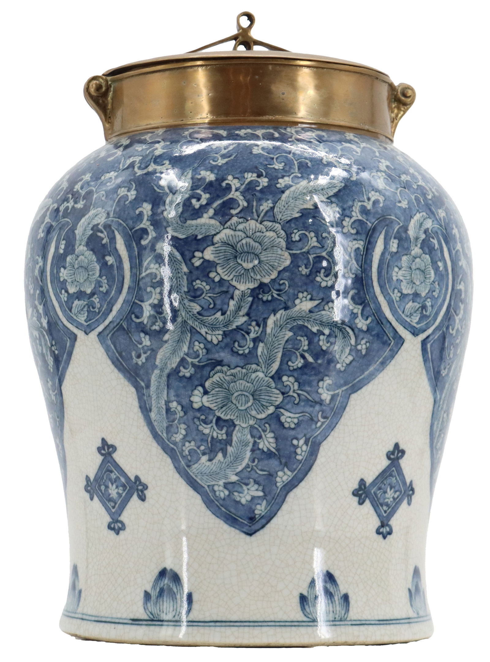 Larger Blue and White Porcelain and Bronze Lidded Ginger Jar: Larger Blue and White Porcelain and Bronze Lidded Ginger Jar. Classic pattern on the exterior craquelure surface. Condition: Commensurate with age. Size: 12 x 12 x 16 in. The gi