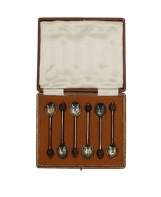 (6) English Demitasse Bakelite and Sterling Silver Coffee Spoons in Case - 1.31 ozt.