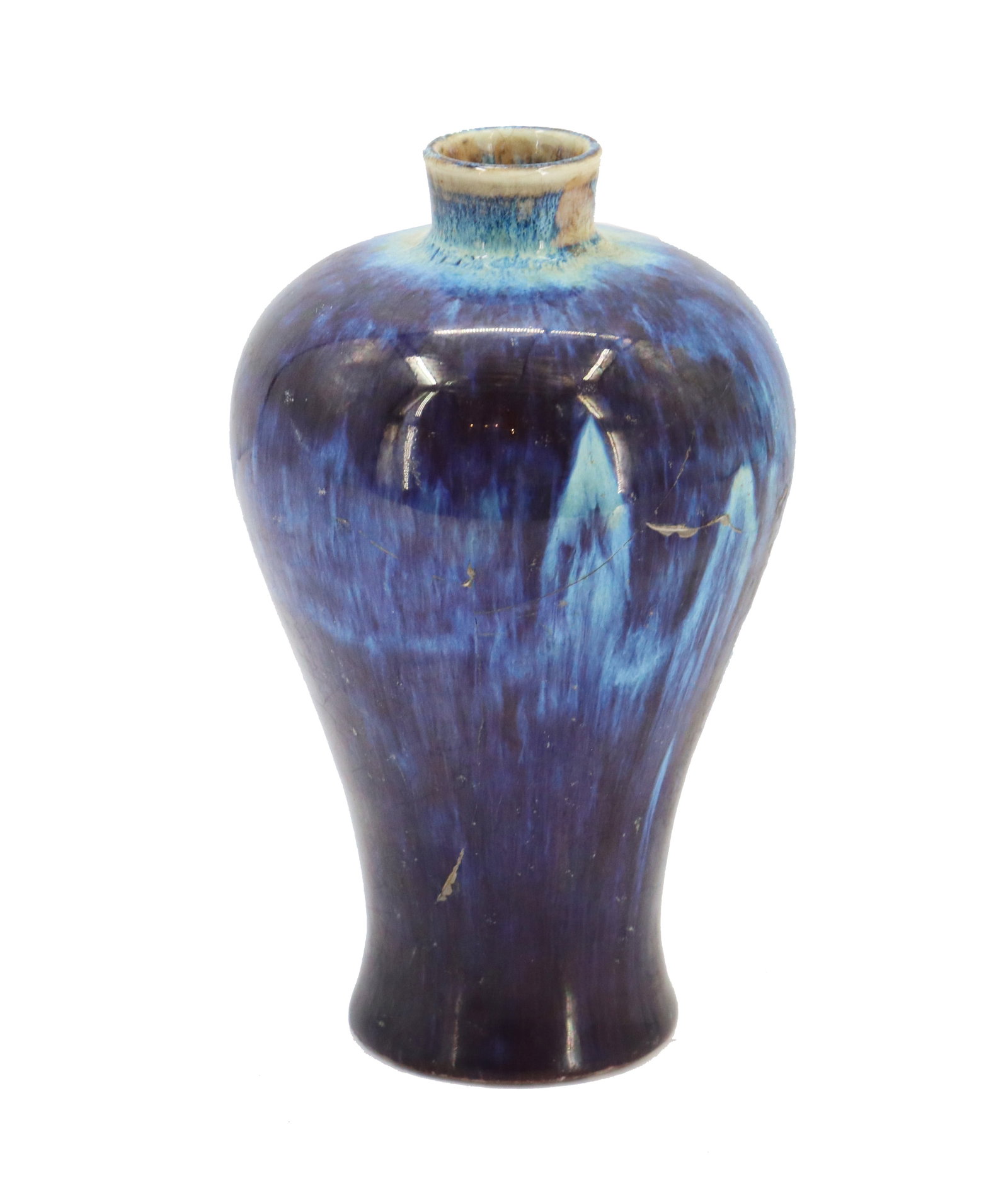Chinese Flambe Glaze Vase - AS IS: Chinese Flambe Glaze Vase. Gorgeous Chinese flambe vase in monochrome blue with streaks of deep cobalt and sky blue. Impressed maker's mark on base. Condition: Repaired. Sold as-is. Size: 4 1/2 x 