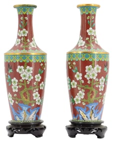 (2) Chinese Polychrome and Cloisonne Vases With Carved Wood Bases
