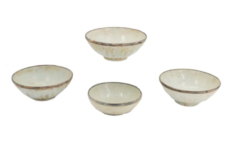 (4) Chinese Celadon Bowls with Bronze Rim