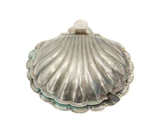 Vintage Nayler Brothers 90% Silver and Glass Clamshell Salt Cellar with Sterling Spoon - Gross 3.205