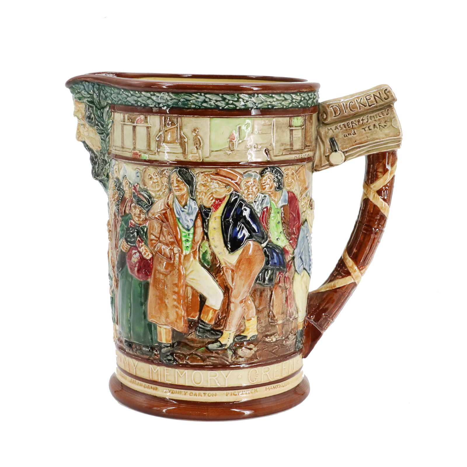 Rare Limited Edition English Royal Doulton 1936 Ceramic Charles Dickens Motto Jug: Rare Limited Edition English Royal Doulton 1936 Ceramic Charles Dickens Motto Jug. Incredibly detailed depiction of numerous characters from Dicken's catalogue of creations, signed by M. Fenton an