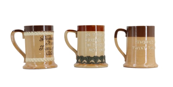 (3) Antique English Doulton Lambeth Ceramic Motto Ware Mugs