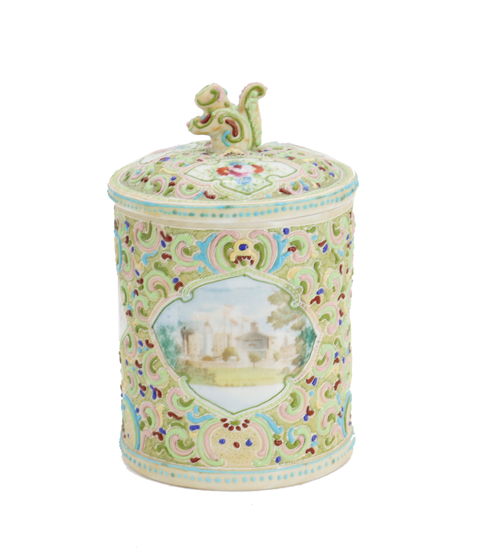 Nippon Oriental China Ceramic Humidor with Squirrel Finial: Nippon Oriental China Ceramic Humidor with Squirrel Finial. Round ceramic humidor with straight sides and lid with squirrel finial. The body with several panels of surrounded by finely decorated,