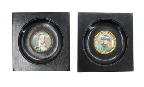 (2) French Framed Miniature Portraits of Napoleon and Josephine Oil on Bone
