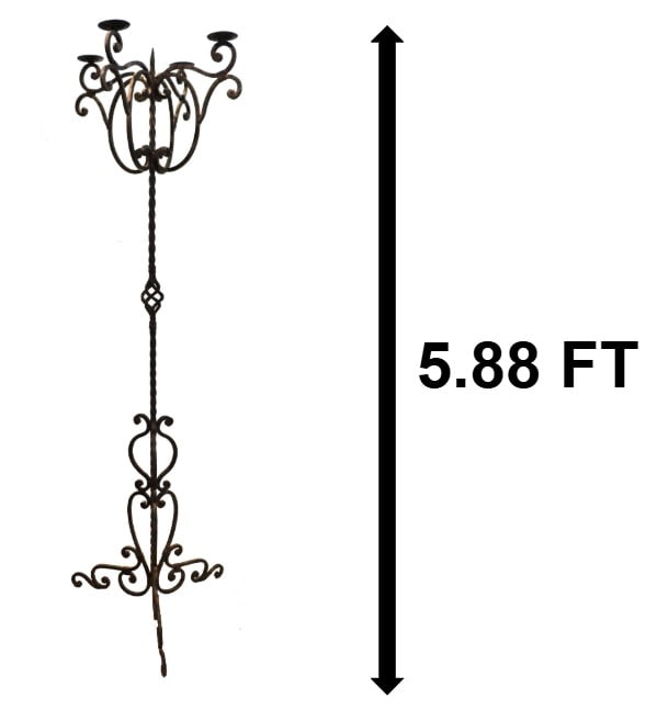 Vintage Wrought Iron Four Sconce Standing Floor Candelabra: Vintage Wrought Iron Four Sconce Standing Floor Candelabra. Tall wrought iron candelabra with four candle sconces, balancing on three legs. Size: 21 x 21 x 70 1/2 in. Floor candelabras are tall,