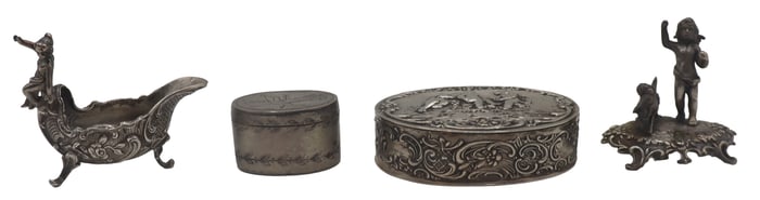 (4) Silver Items - Statuette, Salt Cellar, Pill Boxes
