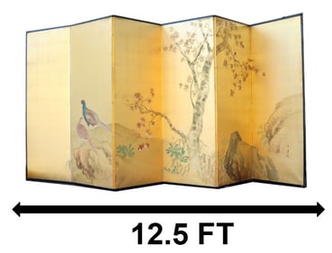 Japanese Painted Rice Paper Six-Panel Room Divider Folding Screen - AS IS