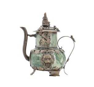 Chinese Green Soapstone Diminutive Tea Pot with Silver Lid and Copper Accents