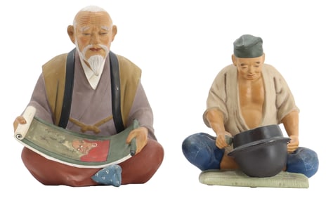 (2) Japanese Hakata Urasaki Clay Dolls of Scholar and Craftsman
