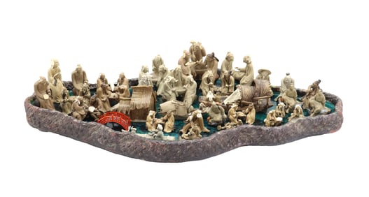 (35) Contemporary Chinese Mudmen Figurines on Glazed Pottery Display