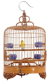 Chinese Carved Wood Birdcage With Feathered Bird