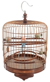 Chinese Carved Wood Birdcage With Feathered Bird