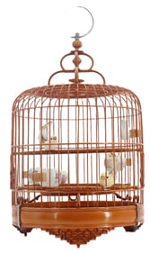 Chinese Carved Wood Birdcage With Feathered Bird
