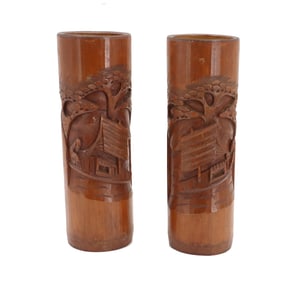 Pair of Chinese Hand Carved Bamboo Brush Pots