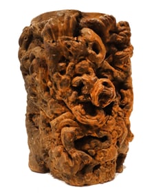 Monumental Chinese Carved Burled Wood Brush Pot with Export Seal