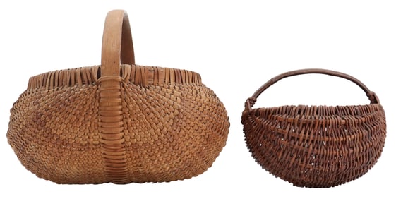 (2) Antique Woven Splint Hand Baskets with Wood Handles