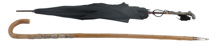 Wood Cane with Swiss Souvenir Badges and English Sterling Silver Handled Umbrella