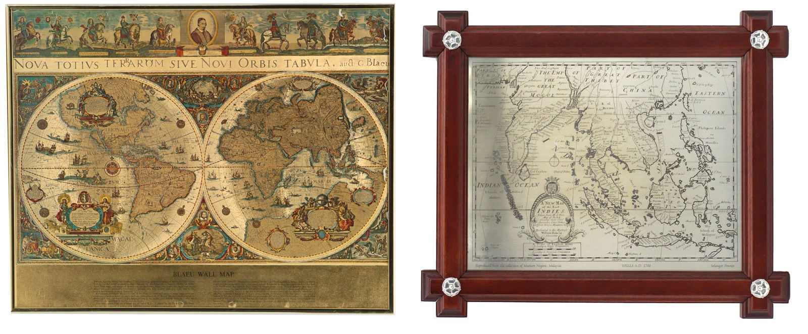 (2) Framed Antique and Stylized World Maps: (2) Framed Antique and Stylized World Maps. Lot comprised of two antique maps, including: large, ornate, double-hemisphere Blaeu Wall Map, characteristic of the 17th-century Golden Age of Dutch cartog