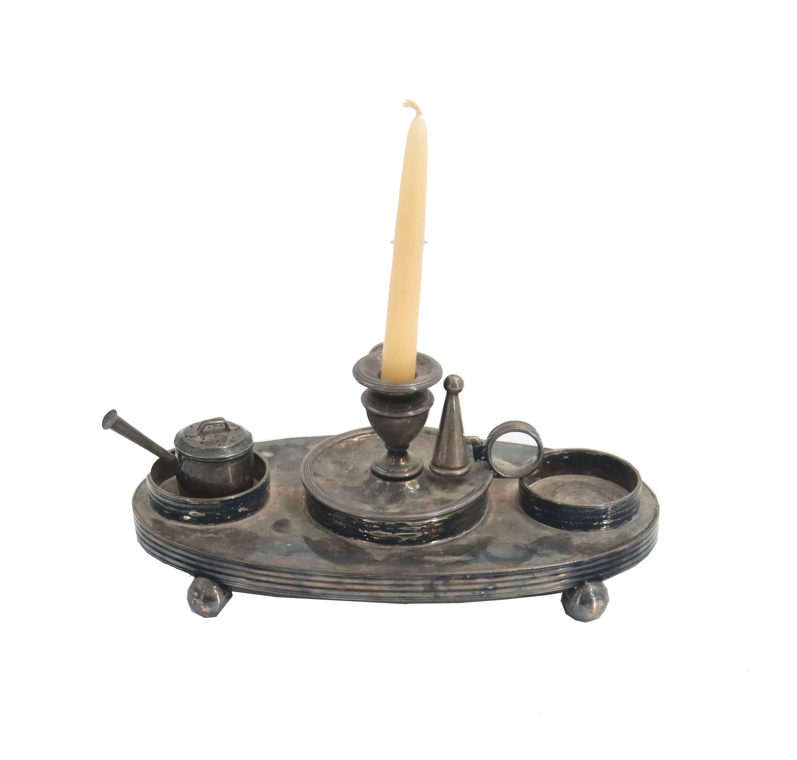 Antique Amish Wrought Iron Ink Well and Candle Holder: Antique Amish Wrought Iron Ink Well and Candle Holder. Antique ink well with central elevated candle holder, on four ball feet, with depression on either side for ink well and pens. Size: 7 1/2 x 7 1/
