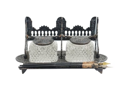 Antique German Faber Iron Inkpot Stand with Double Glass Inkpots