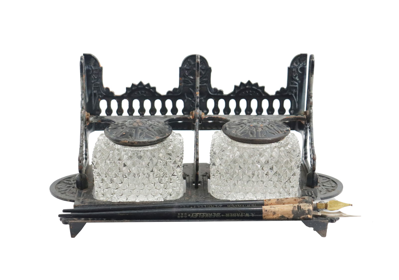 Antique German Faber Iron Inkpot Stand with Double Glass Inkpots (1 of 17)