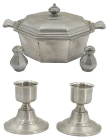 International Silver Company Pewter Covered Casserole Dish and Salt & Pepper Shakers & Pair of Short