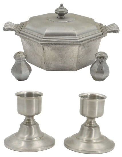 International Silver Company Pewter Covered Casserole Dish and Salt & Pepper Shakers & Pair of Short: International Silver Company Pewter Covered Casserole Dish and Salt & Pepper Shakers & Pair of Short International Pewter Company Candlesticks. International Silver Company Pewter Covere