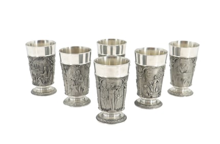 Set of (6) Renaissance Revival German and Austrian Composers Pewter Goblets