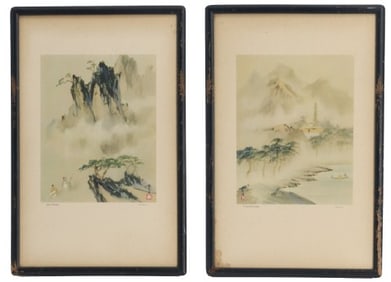 Chang Shu-chi (1900-1957) Chinese, Two Vintage Prints "A Visit To the Temple / Misty Mountain"