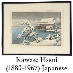 Kawase Hasui (1883-1967) Japanese, Woodblock Print, "Snow at Kiyosumi Garden"