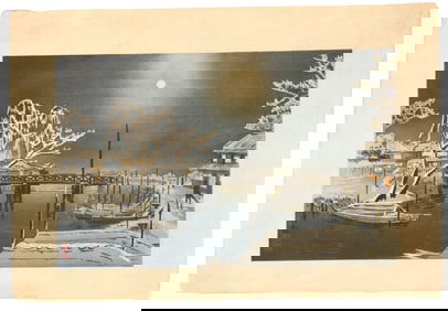 Kobayashi Kiyochika (1847-1915), Woodblock Print, "Clear Moon Over Imado Bridge - Asakusa in Snow"