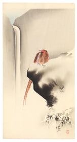 Ohara Koson (1877-1945), Woodblock Print, "Copper Pheasant and Waterfall in Snow"