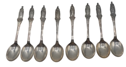 (8) English Sheffield Sterling Silver Spoons With Monarch Motifs - 4.43 ozt.