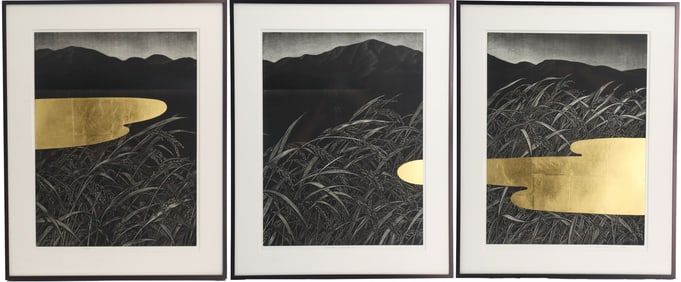Katsunori Hamanishi (Born 1949) Japanese, Mezzotint Triptych with Gold Leaf, "Division - Work No.