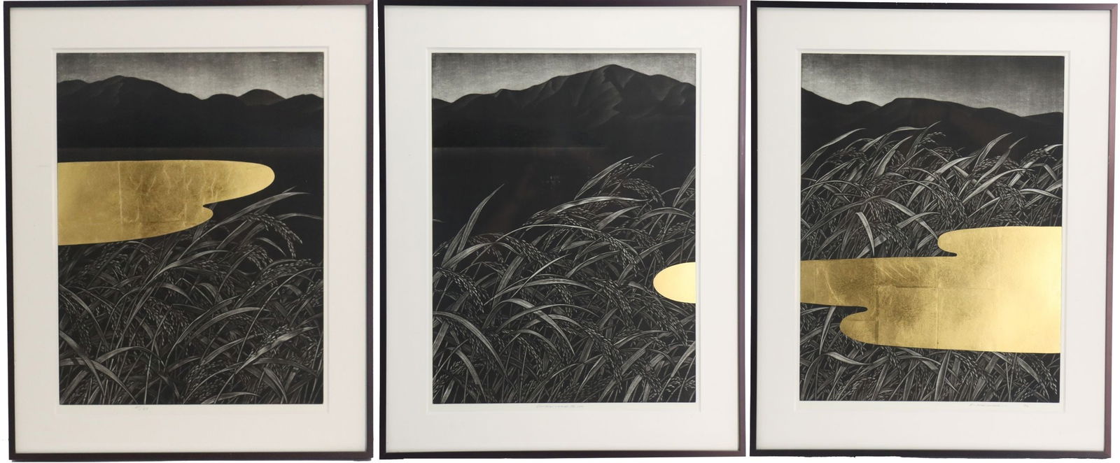 Katsunori Hamanishi (Born 1949) Japanese, Mezzotint Triptych with Gold Leaf, "Division - Work No. (1 of 19)