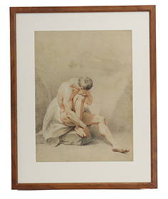 Jacques de Favanne (1716-1770) French, Chalk Drawing of a Nude Man in Contemplation: Jacques de Favanne (1716-1770) French, Chalk Drawing of a Nude Man in Contemplation. Signed and dated Nov. 1733. Overall Size: 29 x 23 1/4 in. Sight Size: 20 1/2 x 15 1/4 in.